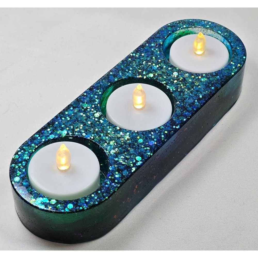 Handmade Resin 3 Tealight Candle Holder Blue Green Mermaid Ocean Waves Glitter